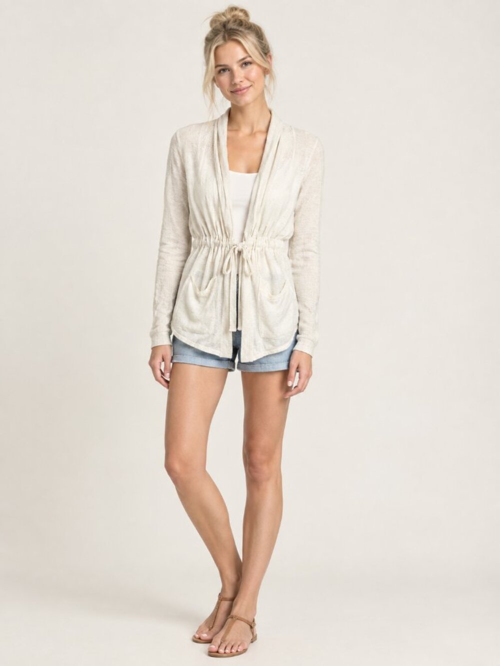 Elie Tahari Cinched Tie-Waist Linen Cardigan Off-White Small #A4572